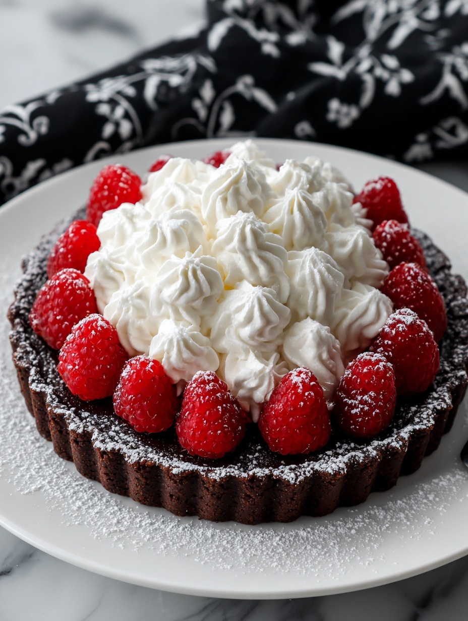 A round chocolate dessert with a cracked, deep brown crust dusted with powdered sugar sits in the center of a white plate. The inside is filled with many white swirls of whipped cream that are soft and smooth, covering the top fully. Around the base of the dessert, fresh bright red raspberries with a light layer of powdered sugar add color contrast. The plate rests on a white marbled surface with a black cloth with small white patterns placed partly underneath. Photo taken with an iphone --ar 2:3 --v 7