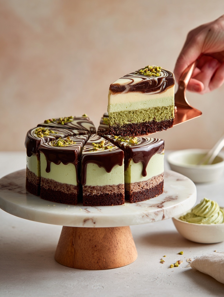 In a round white baking pan lined with parchment, there are two main layers. The bottom layer is greenish with a rough, textured look, spread evenly across the pan. On top of that, there is a thick, dark brown sauce or batter poured on one side, covering about half of the green layer. The sauce has a smooth, shiny surface with a few small bubbles. The pan sits on a white marbled surface. photo taken with an iphone --ar 2:3 --v 7