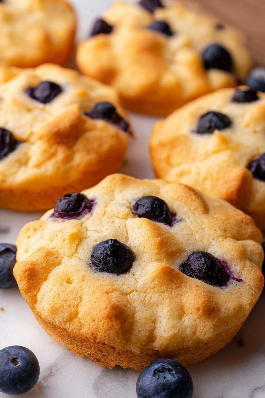 The image shows several round, golden-brown cloud-like cakes with a soft, fluffy texture on a white marbled surface. Each cake has a pale yellow base with a light, airy, slightly uneven top layer that is crispy and golden in some spots. Scattered on the top of the cakes are whole dark blueberries, contrasting with the light color of the cakes. The cakes appear to be overlapping each other slightly, filling most of the frame. Photo taken with an iphone --ar 2:3 --v 7