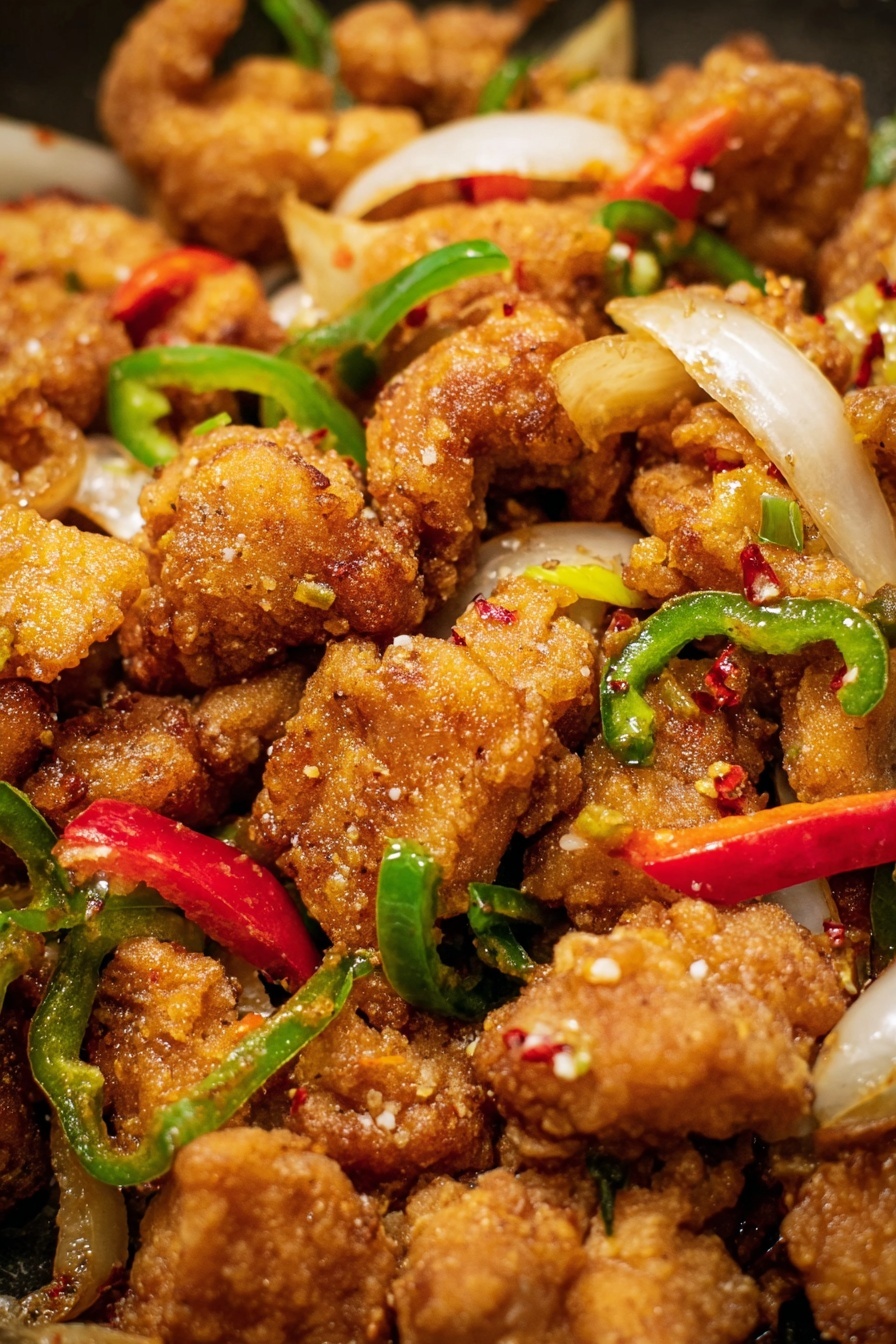 The dish shows many golden brown fried chicken pieces with a rough, crispy texture spread closely together. Mixed among the chicken are thin strips of bright red and green peppers along with translucent, slightly curved slices of cooked onions. These colorful vegetables add a fresh and vibrant contrast to the warm brown tones of the chicken. The overall image has a close-up view that highlights the crunchy coating and the juicy inside of the fried pieces, resting on a white marbled surface. photo taken with an iphone --ar 2:3 --v 7