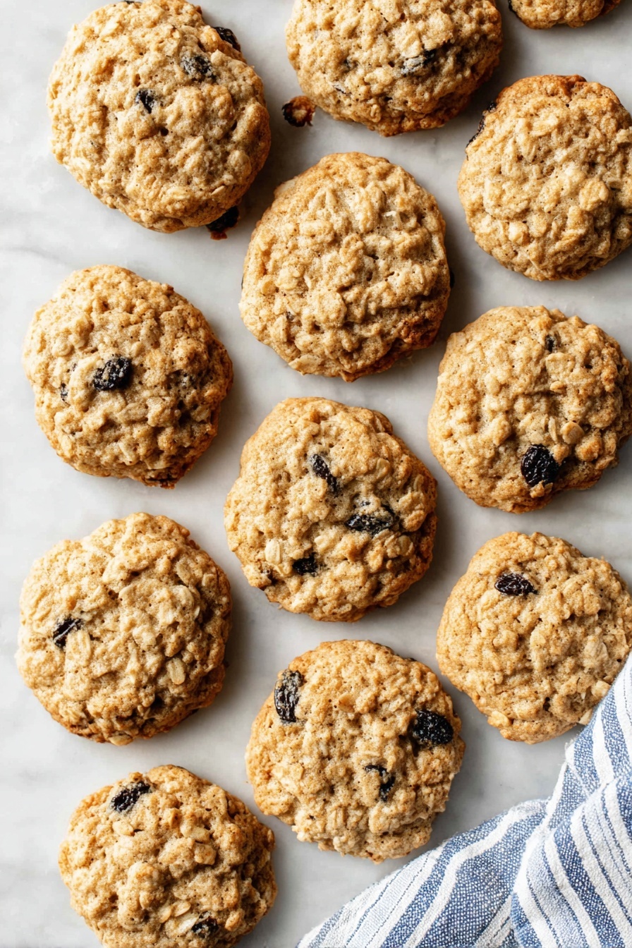 A group of round oatmeal cookies with visible dark raisins spread evenly inside each one, showing a soft, slightly rough texture on the surface. The cookies are light golden brown, arranged scattered on a white marbled background, with a blue and white striped cloth partially visible on the bottom right side. The cookies have an uneven but mostly smooth edge and are closely placed but not overlapping. Photo taken with an iphone --ar 2:3 --v 7