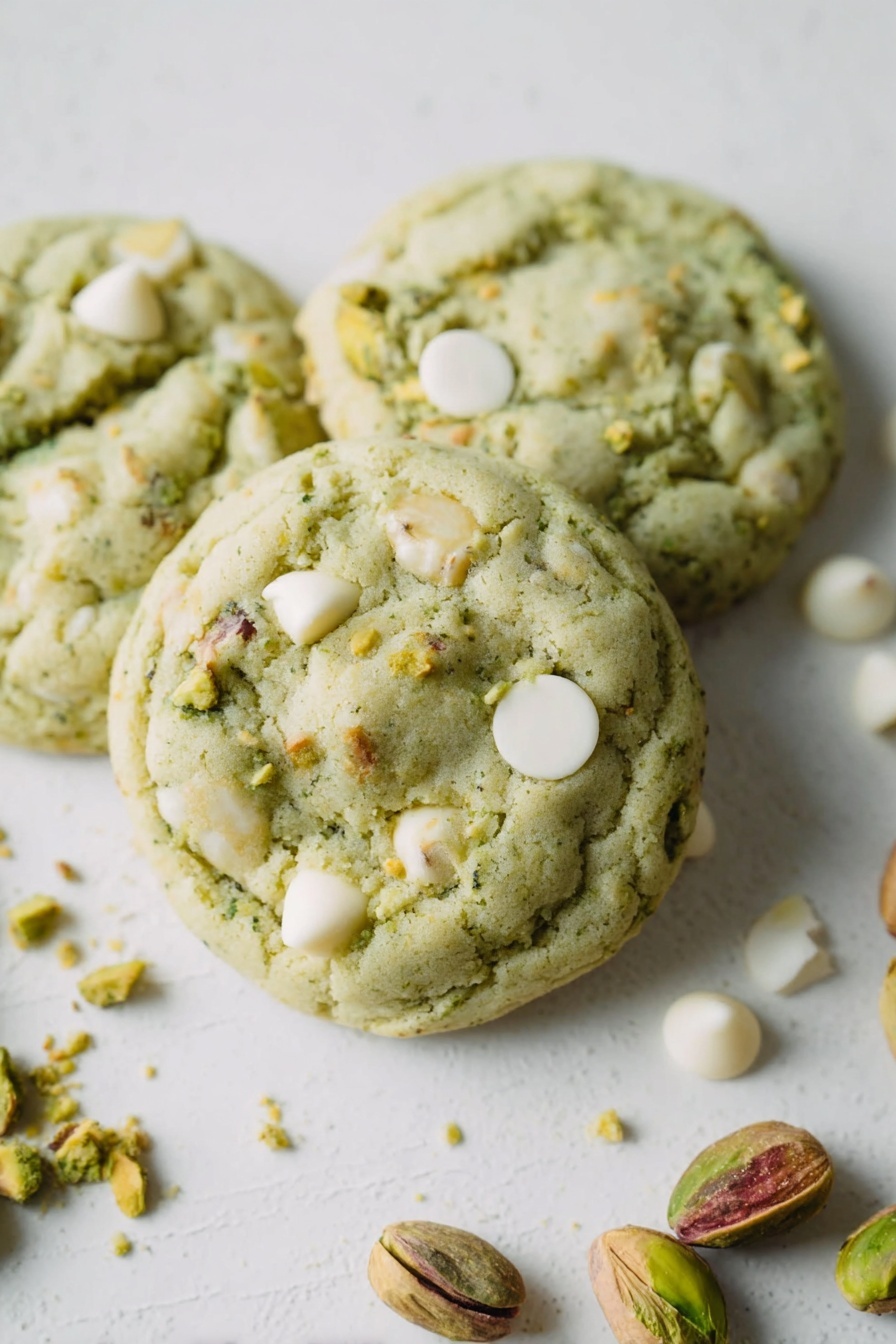 A stack of four thick, soft green cookies is shown, each cookie filled with white chocolate chips and pieces of nuts that add texture and chunks throughout the cookies. The green dough looks slightly crumbly but soft, and the cookies are stacked neatly on a white marbled surface with some white chocolate chips and whole nuts scattered around them. The lighting highlights the natural texture and subtle color variations in the cookies, making them look fresh and inviting. Photo taken with an iphone --ar 2:3 --v 7