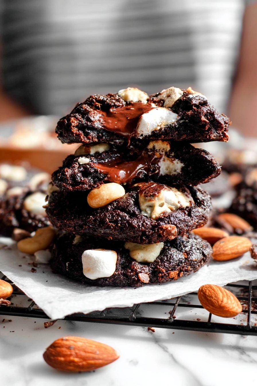 A stack of four dark brown chocolate cookies is shown, each cookie thick and slightly cracked, with melted chocolate oozing between the layers. Whole almonds and white cashew nuts are scattered on and around the cookies, adding color contrast. The cookies rest on a black wire rack lined with white paper, placed on a white marbled surface. In the background, a white bowl holds more nuts, blurred to focus on the cookies in front. The image captures the rich, soft texture of the cookies and the shiny, smooth nuts, photo taken with an iphone --ar 2:3 --v 7
