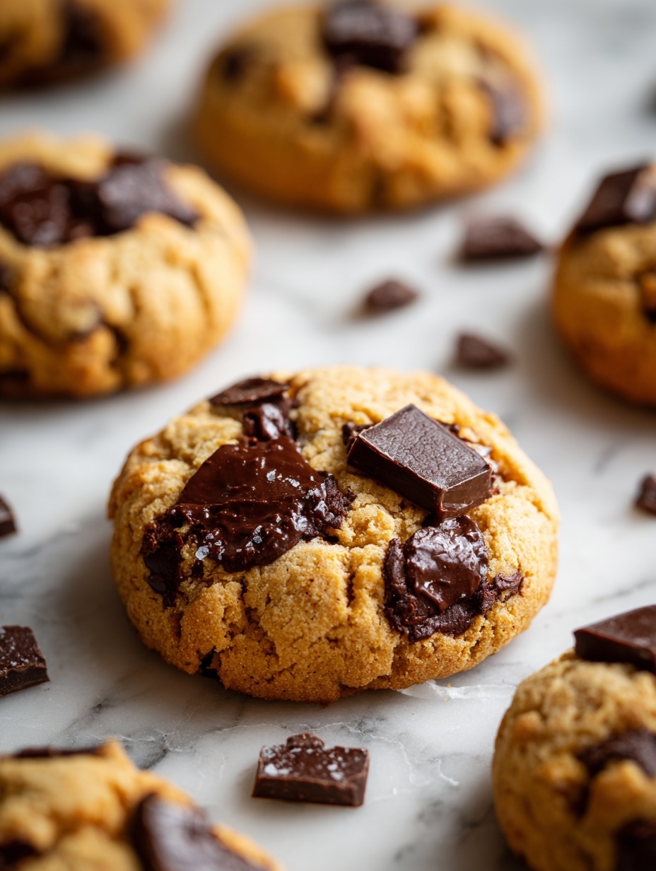 The image shows a stack of three chocolate chip cookies placed on a wooden surface. The cookie at the bottom is whole with visible dark chocolate chunks embedded in a light golden dough. On top lies a cookie broken in half horizontally, exposing a thick, soft interior filled with melted chocolate, which looks creamy and rich. The top half of this broken cookie is resting on the bottom half, revealing gooey chocolate spreading out from inside the cookie. Scattered chunks of dark chocolate pieces surround the stack, adding to the cozy and inviting scene. The background is softly blurred with warm tones that highlight the textural details of the cookies. photo taken with an iphone --ar 2:3 --v 7