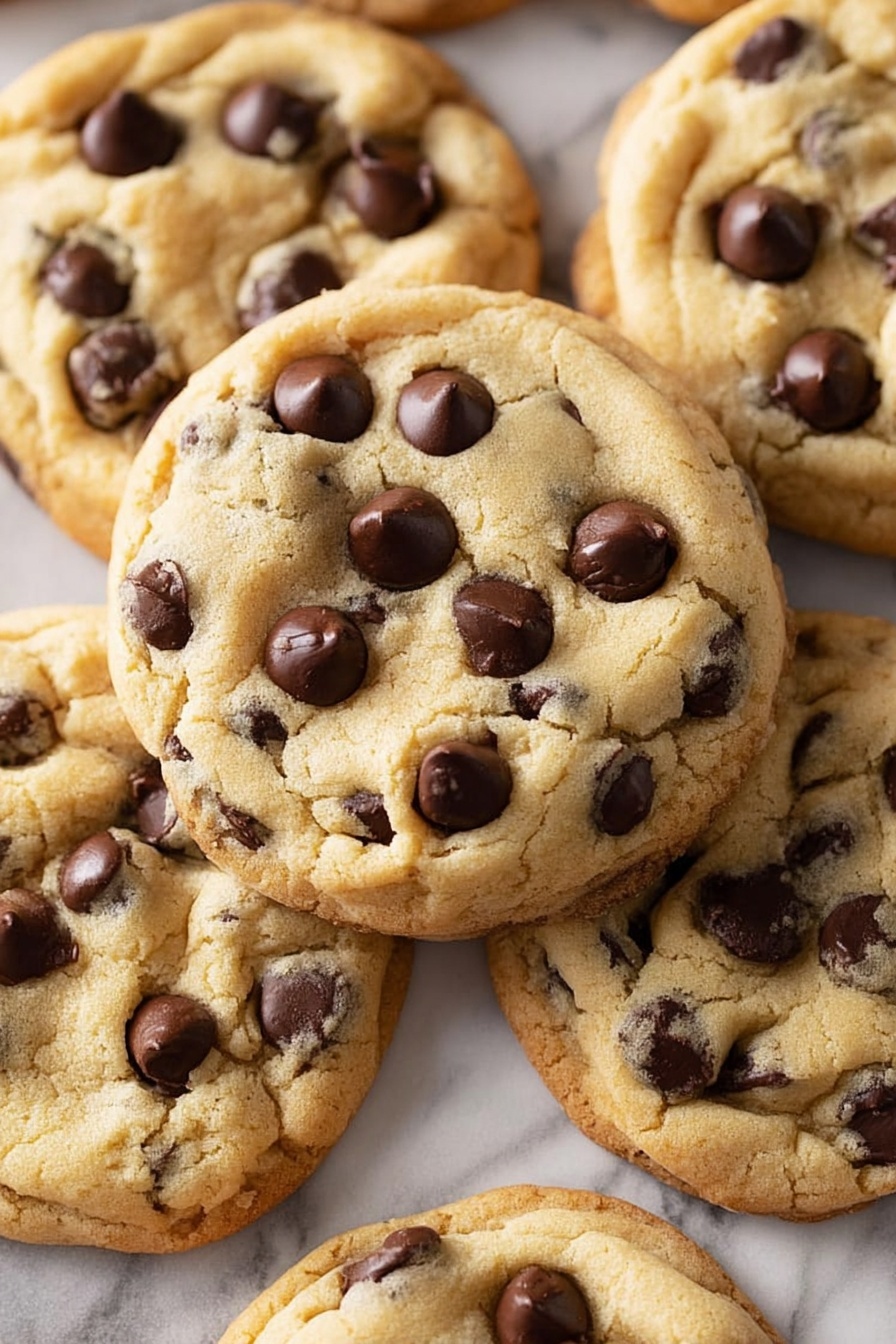 The image shows a close-up of several round cookies with a soft, slightly cracked golden brown surface, filled with dark chocolate chips spread evenly through each cookie. The cookies are arranged on a white marbled textured surface, with some edges slightly darker indicating a crispier edge, while the centers look soft and chewy with melted chocolate chips. Small clusters of shiny chocolate chips sit on top of the cookies, adding texture and contrast to the warm, light brown dough. photo taken with an iphone --ar 2:3 --v 7