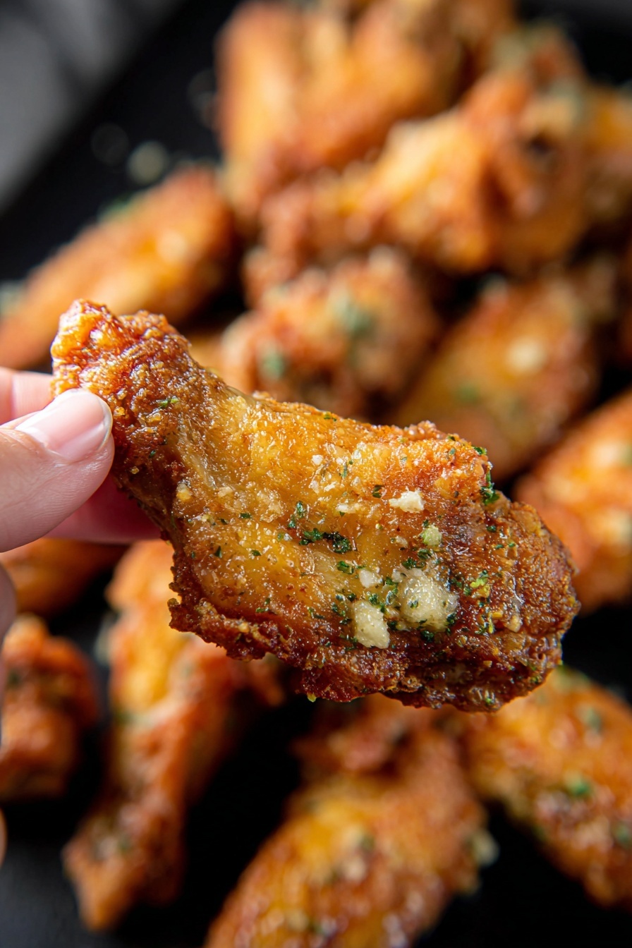 A close-up of a greasy golden brown fried chicken wing held between a woman's thumb and forefinger with a light touch, showing a crispy, crunchy texture with sprinkled green herbs and small bits of seasoning on top; in the blurred background is a pile of similar wings with a uniform crunchy coating stacked closely together, all placed on a white marbled surface. photo taken with an iphone --ar 2:3 --v 7