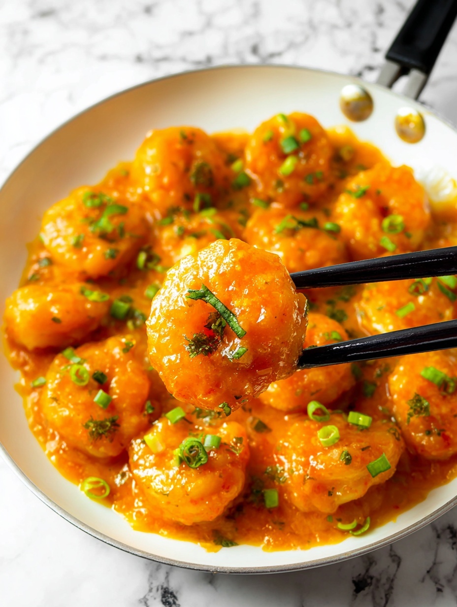 A white plate with blue decoration holds a pile of orange shrimp covered in a creamy sauce with small red specks, garnished with chopped green onions. In the foreground, black chopsticks lift one shrimp, showing its shiny, smooth texture and the bright green onion pieces resting on top. The background is a white marbled surface with a blurred white plate of green broccoli visible. Photo taken with an iphone --ar 2:3 --v 7