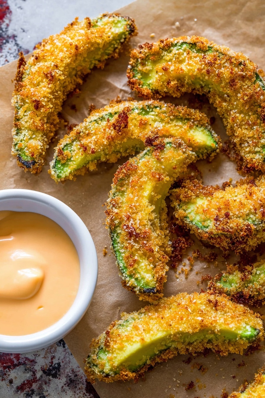The image shows several pieces of crispy avocado slices fried with a golden-brown crumb coating. Each slice has a rough, crunchy texture on the outside with green avocado inside visible at the edges. The slices are arranged loosely on a sheet of parchment paper that lies on a white marbled surface. On the left side, there is a small round metal cup filled with light orange creamy sauce. The colors are warm with the golden crust, green avocado, and the soft-colored sauce. photo taken with an iphone --ar 2:3 --v 7