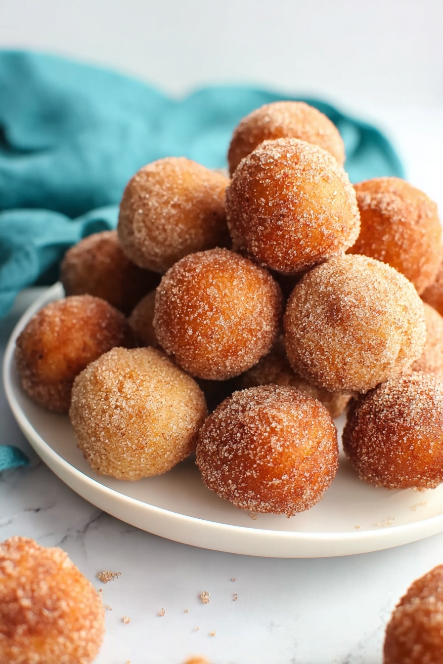 A white plate holds a pile of round doughnuts or donut holes, each coated in a layer of sugar that gives them a grainy texture. The doughnuts have a warm golden brown color, some appearing slightly darker around the edges. Several doughnuts are scattered casually around the plate on a white marbled surface, adding depth to the scene. A soft blue cloth is partially visible on the left side. The light is natural and bright, highlighting the sugar coating and warm tones of the doughnuts. photo taken with an iphone --ar 2:3 --v 7
