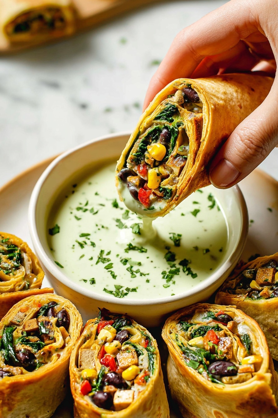 A woman's hand is holding a crispy golden-brown rolled wrap filled with layers of dark green spinach, black beans, chunks of light brown tofu, yellow corn, and small bits of red pepper. The wrap is dipped into a small white bowl filled with smooth, creamy light green sauce topped with chopped green herbs and black pepper. Surrounding the bowl are several more wraps cut in half, showing the colorful filling inside. The whole scene is set on a white marbled surface with natural light highlighting the textures and colors photo taken with an iphone --ar 2:3 --v 7