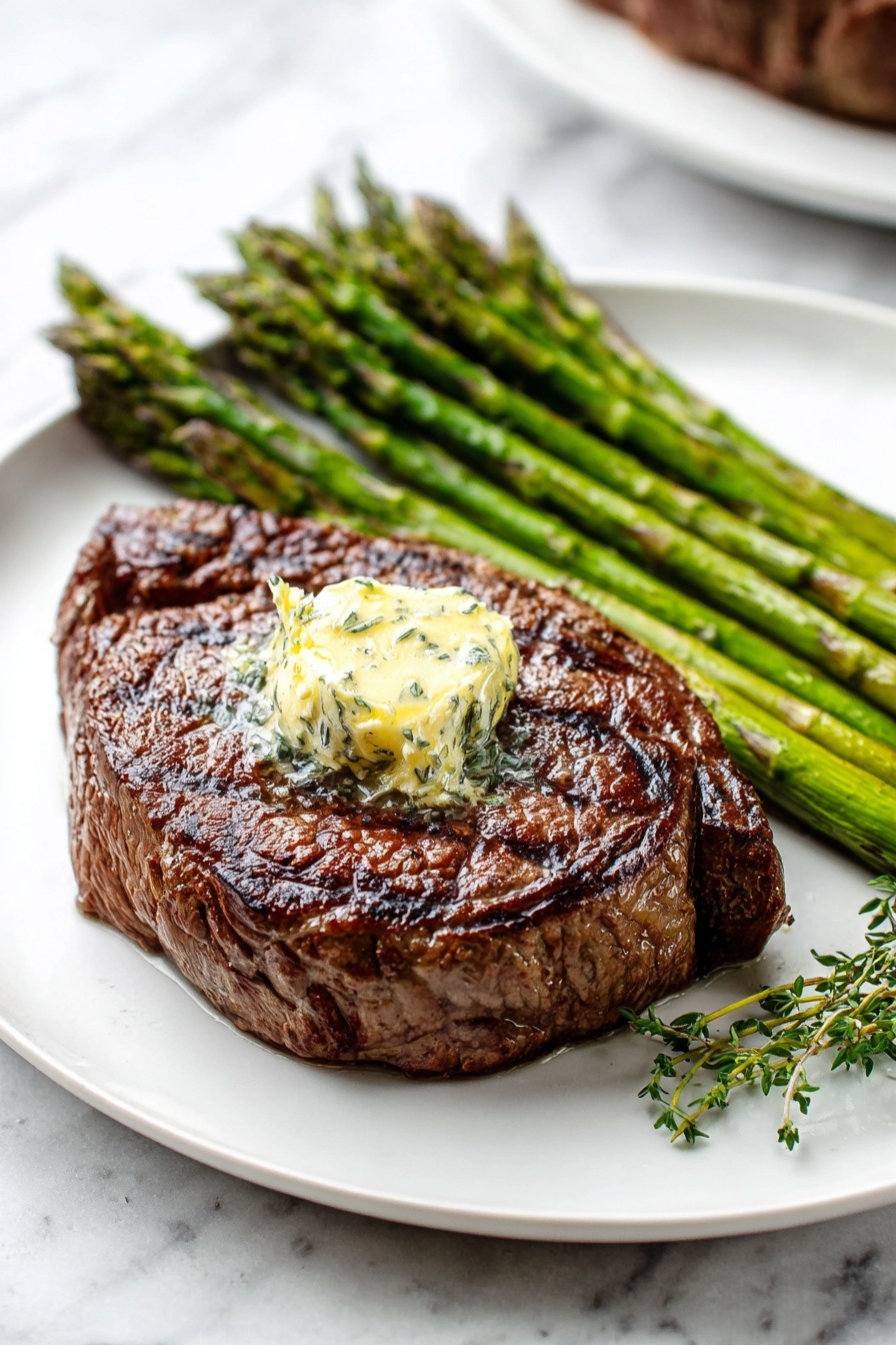 A white plate holds a thick, round cooked steak with a browned, slightly crispy outside and small cracks on top showing texture. A small pat of herb butter sits melting in the center of the steak, adding a creamy light yellow layer with green flecks. To the right of the steak, there is a bunch of bright green cooked asparagus spears, slightly shiny and laid out in a neat pile. Small sprigs of fresh thyme are placed under the asparagus on the white plate. The whole scene is set on a white marbled surface. photo taken with an iphone --ar 2:3 --v 7