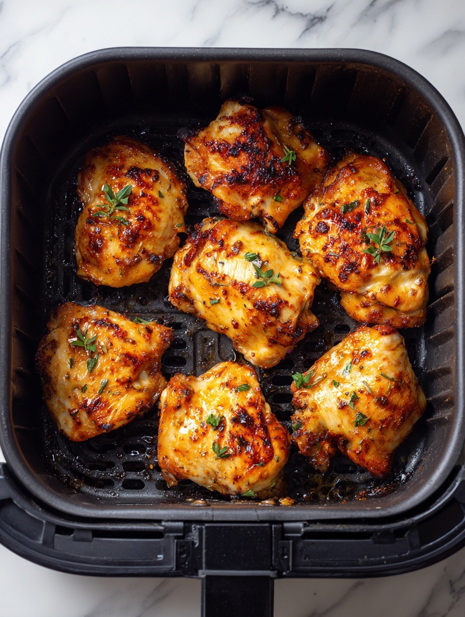 The image shows eight cooked chicken pieces arranged in a black air fryer basket. The chicken has a golden-brown color with some darker charred spots and a slightly oily surface, giving it a textured, cooked look. Small green herb leaves are scattered on top of the chicken pieces, adding a touch of color contrast. The air fryer basket has a deep structure with ridges on the sides and is placed on a white marbled surface. The overall setting highlights the crispy and well-seasoned appearance of the chicken. photo taken with an iphone --ar 2:3 --v 7