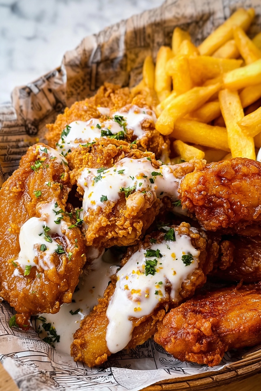 A round dark metal basket lined with printed parchment paper holds an assortment of crispy fried chicken pieces and golden French fries. The fried chicken includes five pieces with different textures: two drumsticks with a slightly rough brown crust, two pieces with a crunchy textured golden-brown coating, and one piece with a smoother golden crust. The French fries are gathered on the right side, bright yellow and thin, with a light crispy surface. The basket sits on a wooden surface with a white marbled texture visible around it. Photo taken with an iphone --ar 2:3 --v 7