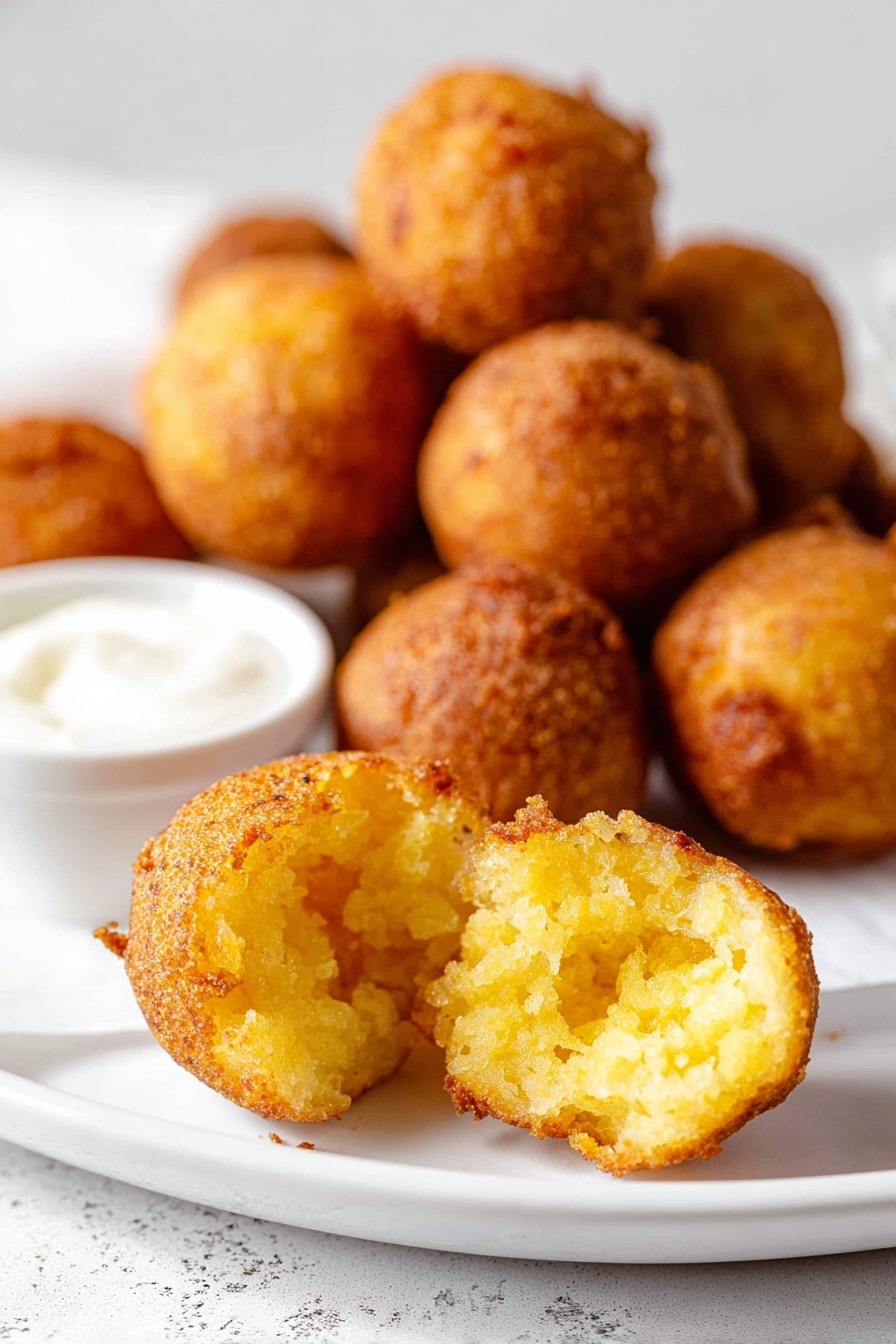 The image shows a close-up of golden brown fritters with a rough, crispy outside layer and a soft, light yellow, crumbly interior visible in one fritter that is split open in the foreground. Behind this, there is a white plate filled with more round fritters, some of which are darker and more textured. In the middle of the plate, there is a small white container filled with a creamy white dipping sauce. The whole setting is on a white marbled surface with a bright, clean background. photo taken with an iphone --ar 2:3 --v 7