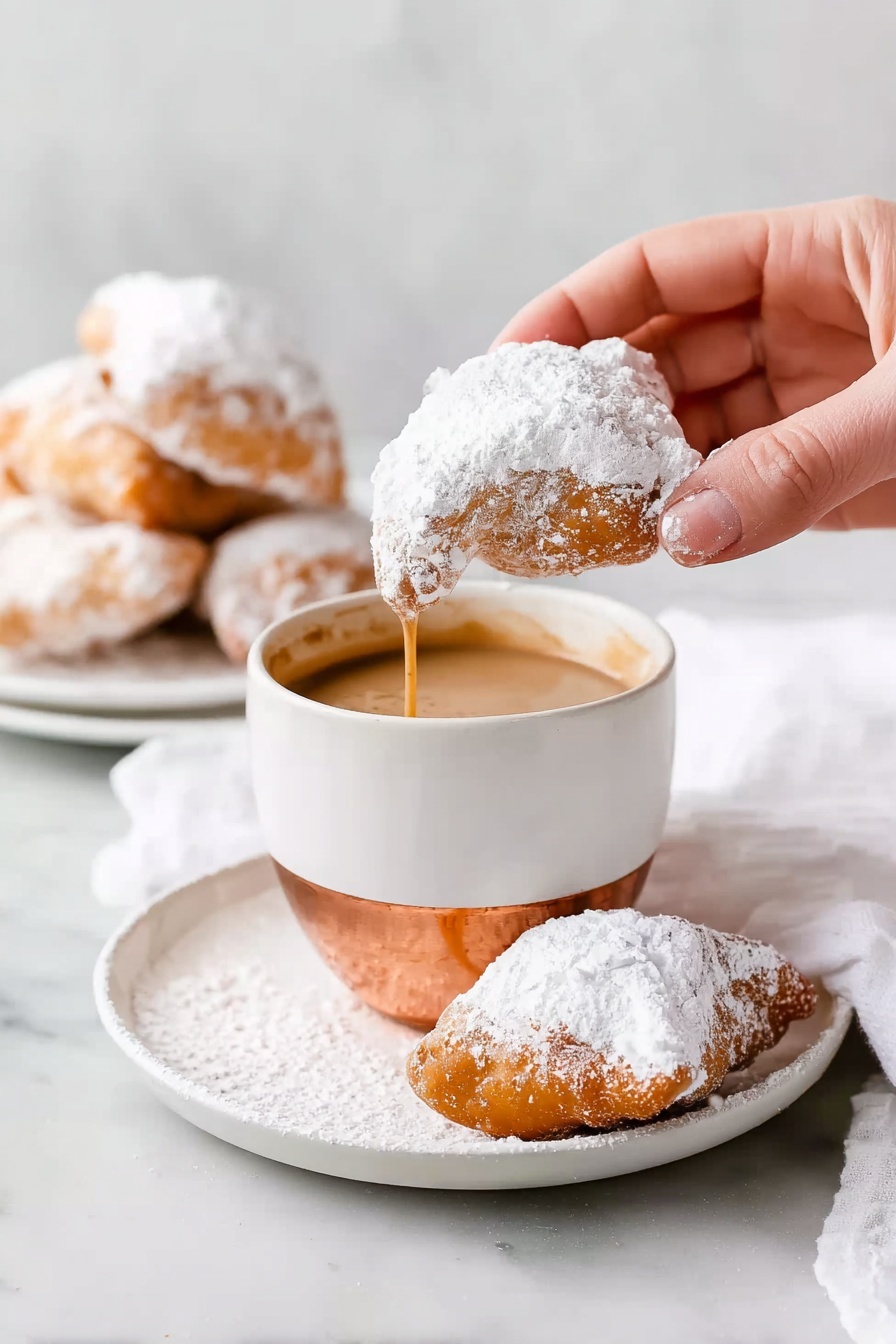 A woman's hand is holding a square-shaped pastry covered in white powdered sugar, dipping it into a small white cup with a light brown bottom filled with caramel-colored sauce. The cup sits on a white plate with a few more powdered sugar-covered pastries nearby. In the background, there is a white plate stacked with additional pastries and a white cloth on a white marbled surface. The pastries have a rough texture beneath the powdered sugar, showing a golden brown color underneath. Photo taken with an iphone --ar 2:3 --v 7