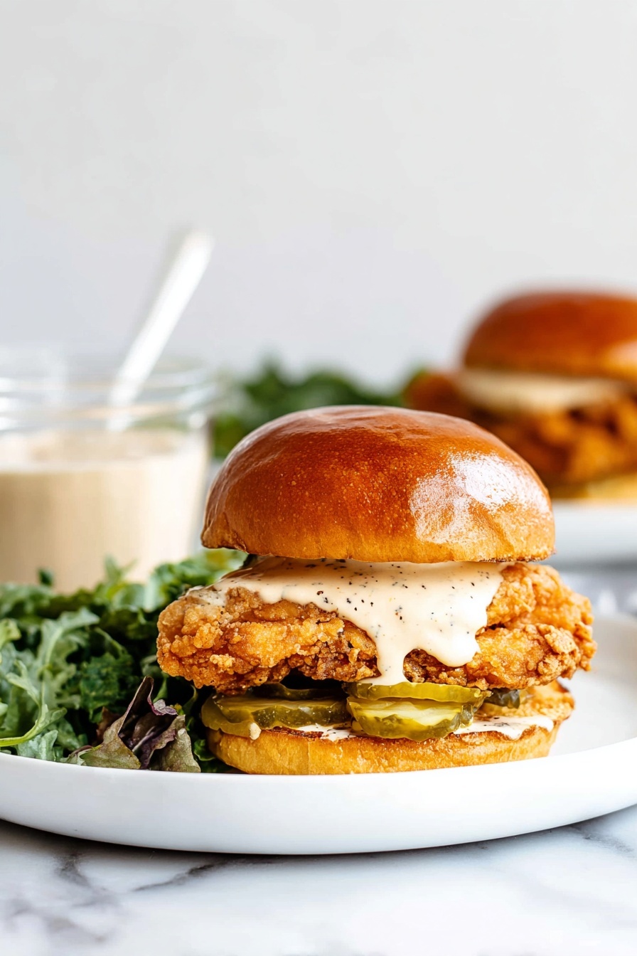 The image shows a close-up of a fried chicken sandwich on a white plate with a green salad on the side, all set on a white marbled surface. The sandwich has four visible layers: a golden-brown toasted bun top with a shiny crust, underneath a thick layer of creamy beige sauce with black pepper specks, then a large piece of crispy, golden fried chicken with a crunchy textured coating, followed by a spread of sauce on a charred toasted bun bottom, which is light yellow with grill marks. The background is bright and has a second sandwich slightly blurred, along with a glass container of sauce with a white spoon inside. Photo taken with an iphone --ar 2:3 --v 7