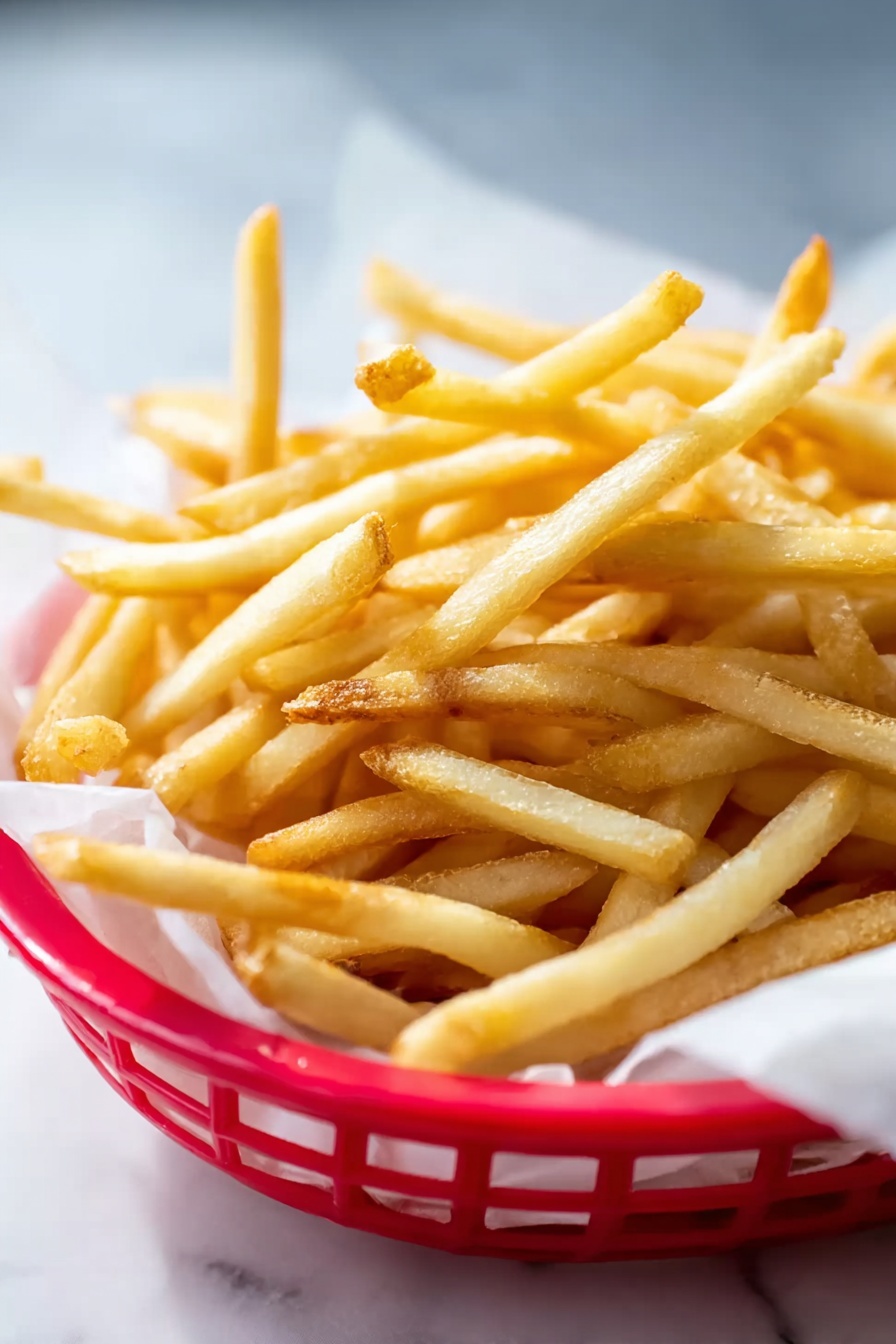A red basket lined with white paper holds a tall pile of thin, golden-yellow French fries. The fries show slight variations in color with some parts a light golden and others a bit darker, giving a crispy look. They are stacked unevenly with some fries sticking out at different angles. The background is soft and blurry, set on a white marbled surface. Photo taken with an iphone --ar 2:3 --v 7