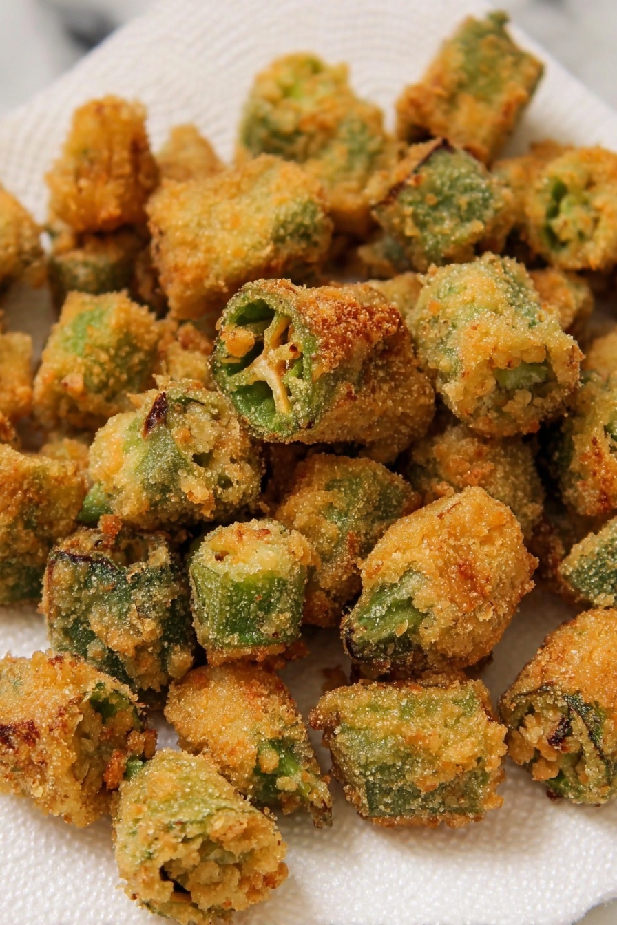 This image shows a pile of crispy fried okra pieces resting on textured white paper towels. Each okra piece is coated with a golden-brown crust that looks crunchy and slightly rough, with green okra visible through the coating. The okra pieces vary in size and are clustered closely together, with some pieces appearing more rounded and others more elongated. The white paper towels underneath have a dotted texture, and the whole scene is set against a soft, white marbled surface that enhances the warm colors of the fried okra. photo taken with an iphone --ar 2:3 --v 7