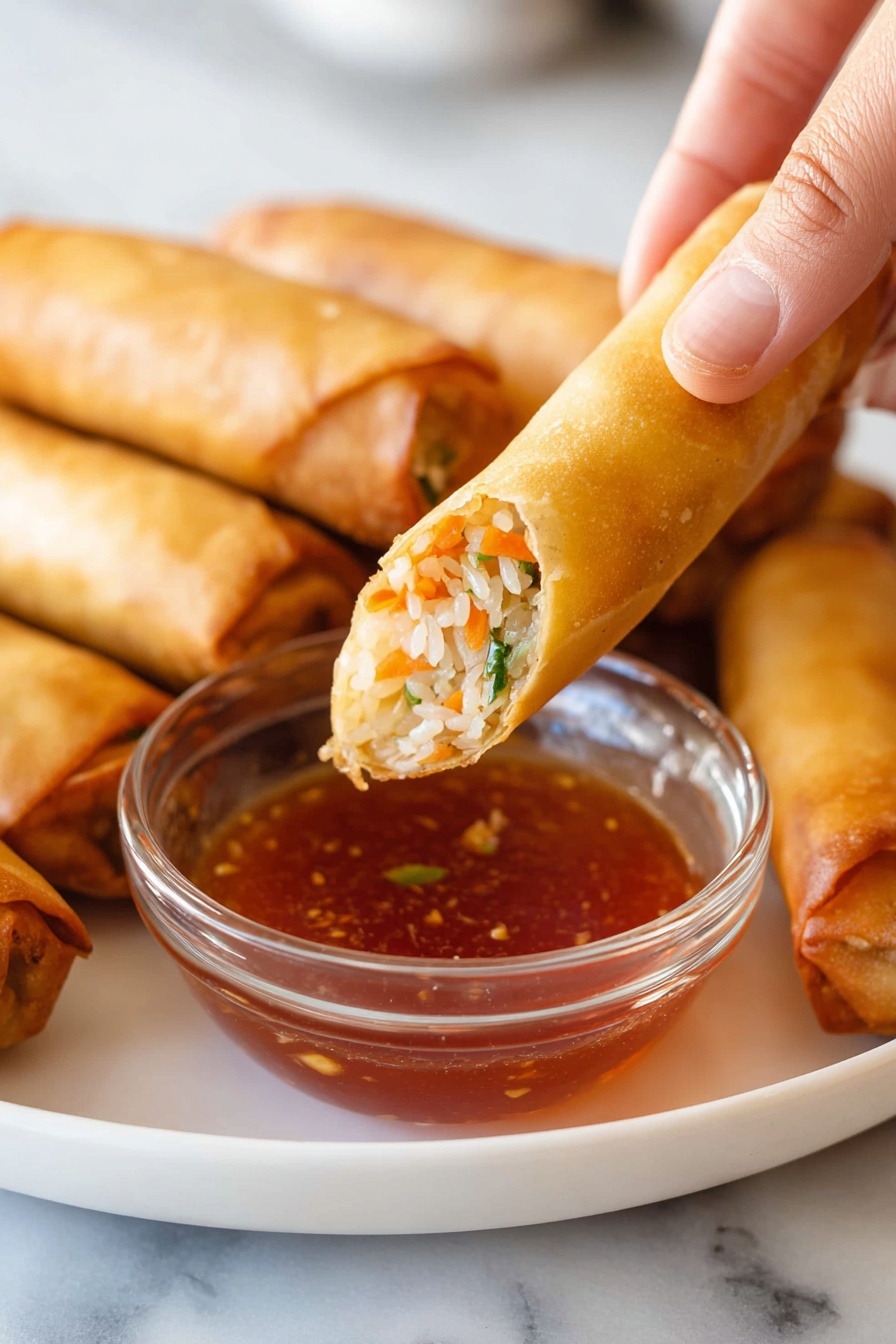 There is a white plate filled with golden-brown spring rolls arranged around a clear glass bowl of dark reddish-brown dipping sauce. One spring roll is held by a woman's hand, partly dipped into the sauce, showing the inside layers of white noodles, small pieces of orange carrots, green vegetables, and light-colored bits that form a textured mix. The spring rolls have a crispy, smooth outer layer. The scene is set on a white marbled surface. photo taken with an iphone --ar 2:3 --v 7