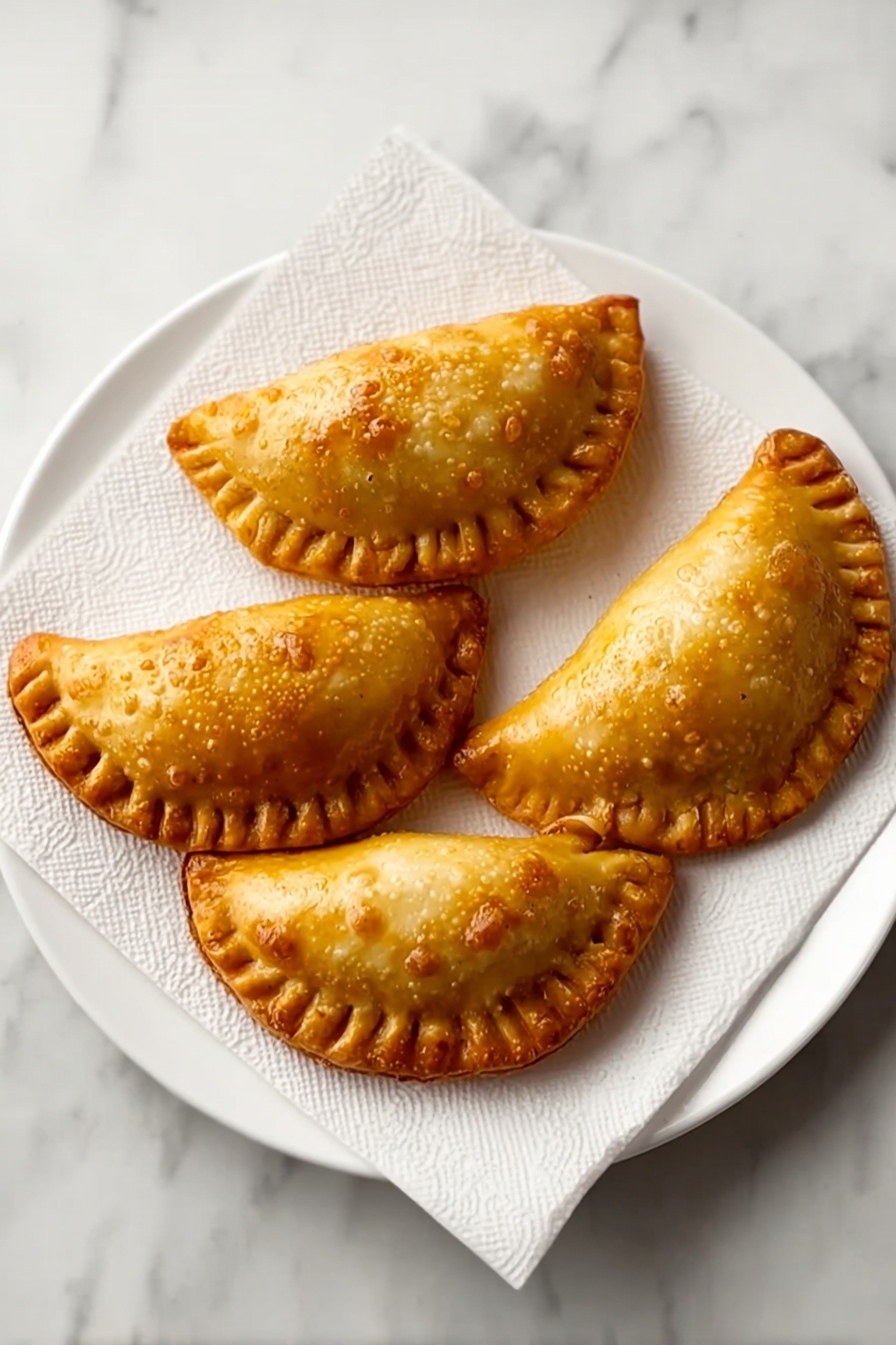 Four golden brown fried pastries are arranged in a circle on a white plate lined with a white paper towel, each pastry having a braided edge and small bubbles on the crispy surface. The plate is placed on a white marbled texture surface, viewed from above. photo taken with an iphone --ar 2:3 --v 7