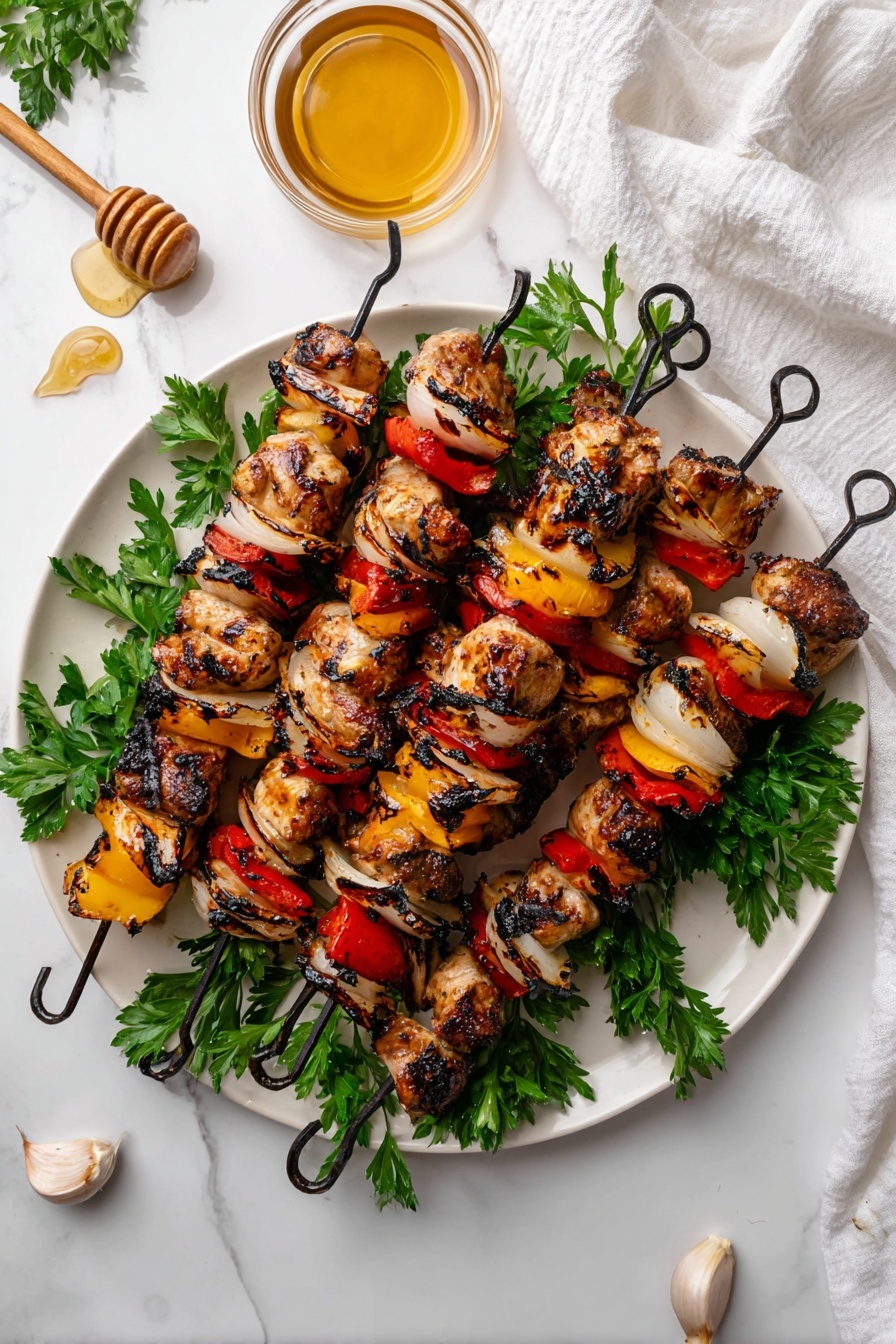A white plate on a white marbled surface holds grilled skewers served off the sticks, layered on fresh green leafy arugula. The dish has three main layers: the bottom layer is a bed of fresh, crisp green arugula leaves; the middle layer features large chunks of grilled vegetables with charred spots, including white onions, orange and red bell peppers; the top layer is made up of golden brown grilled meat pieces with darker grilled edges, mixed evenly with the vegetables. A black fork rests on the edge of the plate, and a second white plate with skewers and bright green parsley is seen blurred in the background. Photo taken with an iphone --ar 2:3 --v 7