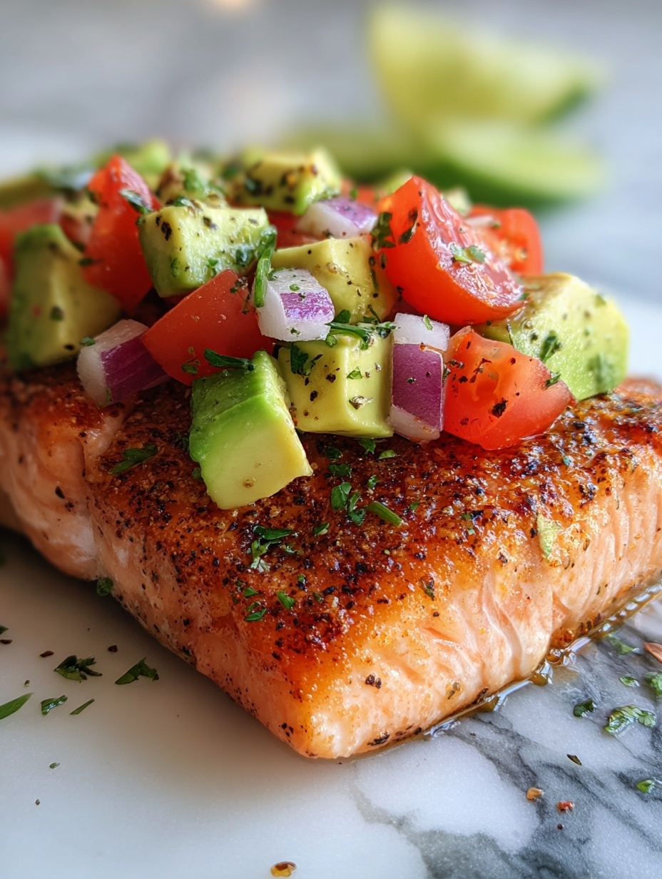 The image shows a piece of cooked salmon with a golden-brown crispy skin as the bottom layer, topped with a chunky avocado and tomato salsa made of bright green avocado cubes, red tomato pieces, and small purple onion bits mixed with herbs. The salmon is on a white plate with some black pepper sprinkled around, set on a white marbled surface, and a silver fork rests behind the salmon photo taken with an iphone --ar 2:3 --v 7