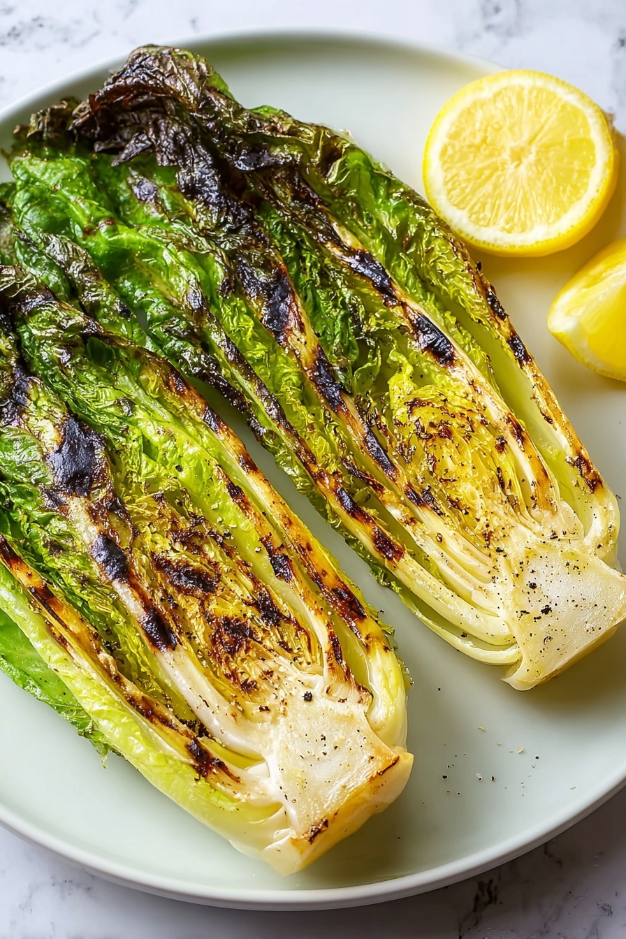 Two grilled romaine lettuce halves with charred dark green and light yellow leaves, placed side by side on a white plate. The lettuce shows crisp, browned edges and grill marks along the length of the leaves, with some layers folded and slightly separated, revealing green and beige textures inside. Two bright yellow lemon wedges rest at the top right corner of the plate. The plate sits on a white marbled surface. photo taken with an iphone --ar 2:3 --v 7