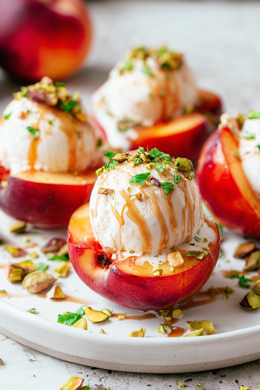 The image shows three peach halves on a white plate with a white marbled surface below. Each peach half is deep red and orange with a soft texture. On top of each peach half is a round scoop of light cream-colored ice cream. The ice cream scoops are drizzled with a light brown sauce and sprinkled with chopped green herbs and chopped chopped pistachio nuts. Around the plate, there are scattered chopped pistachio nuts and green herbs, adding color and texture. The photo taken with an iphone --ar 2:3 --v 7