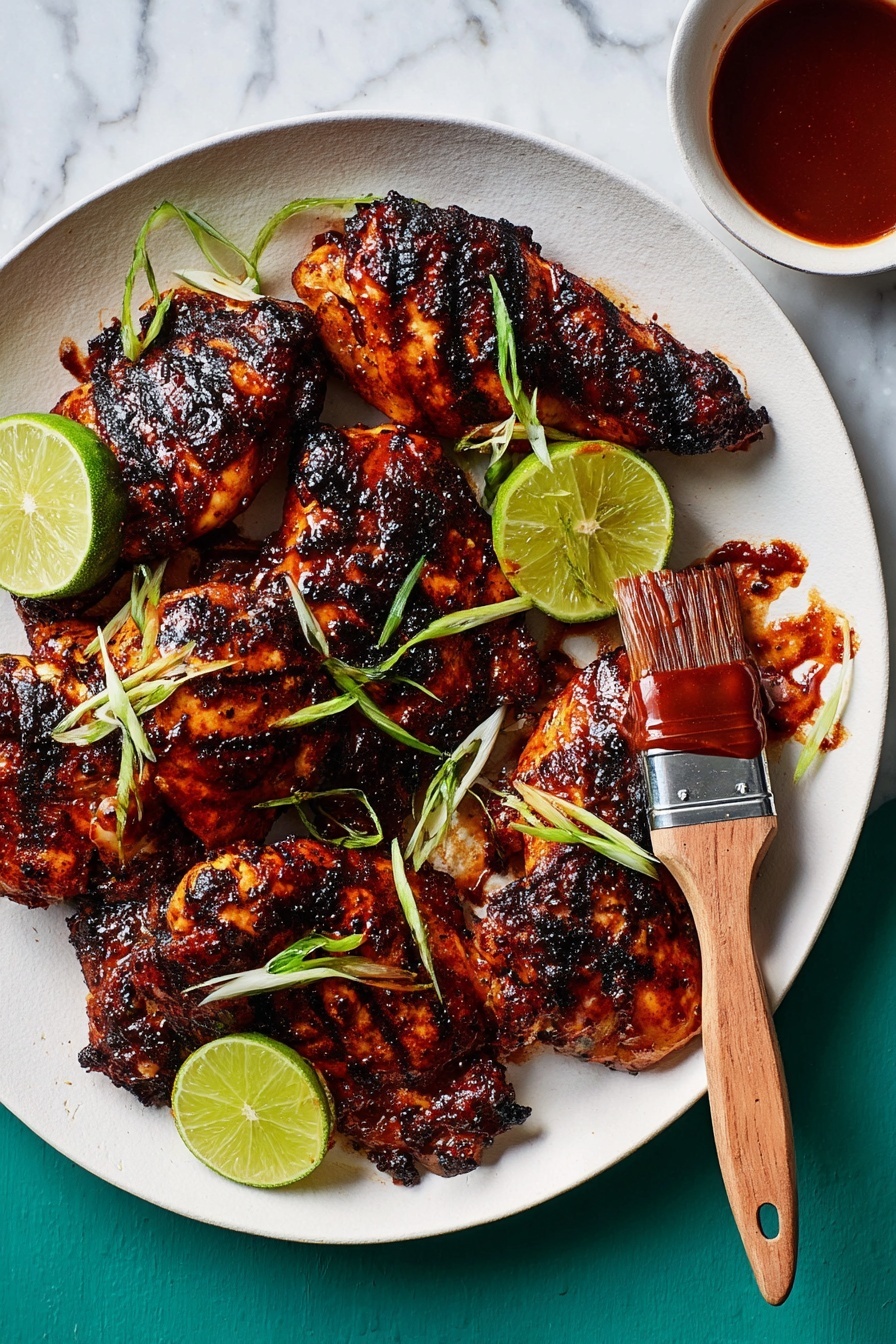 A white round plate holds several pieces of dark grilled chicken with a slightly charred and textured surface showing deep reddish-brown and black colors. Thinly sliced green onions are scattered on top and around the chicken, adding a fresh green contrast. Three bright green lime wedges are placed around the chicken. On the right side of the plate, a wooden brush is applying a dark glossy sauce to one of the chicken pieces. Next to the plate, on a white marbled textured surface, there is a small white bowl with more dark sauce. The background is a light blue textured surface. Photo taken with an iphone --ar 2:3 --v 7