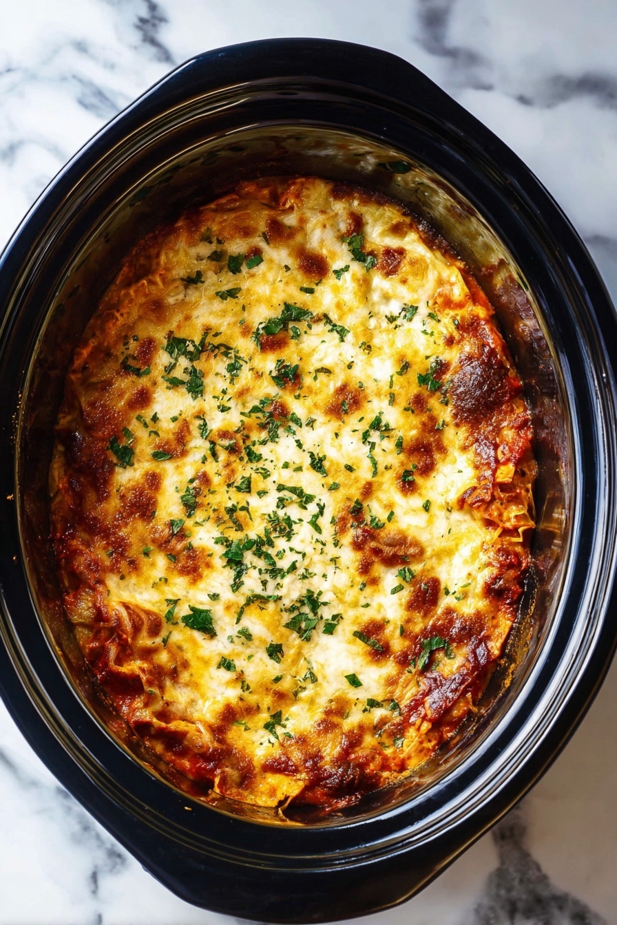 The dish is a baked lasagna shown from top view inside a black slow cooker. It has at least three visible layers: the top layer is melted golden brown cheese with some white melted cheese patches, a middle layer of rich red tomato sauce with browned edges, and some hints of pasta beneath. The surface is sprinkled with finely chopped green herbs. The black slow cooker sits on a white marbled textured surface. photo taken with an iphone --ar 2:3 --v 7