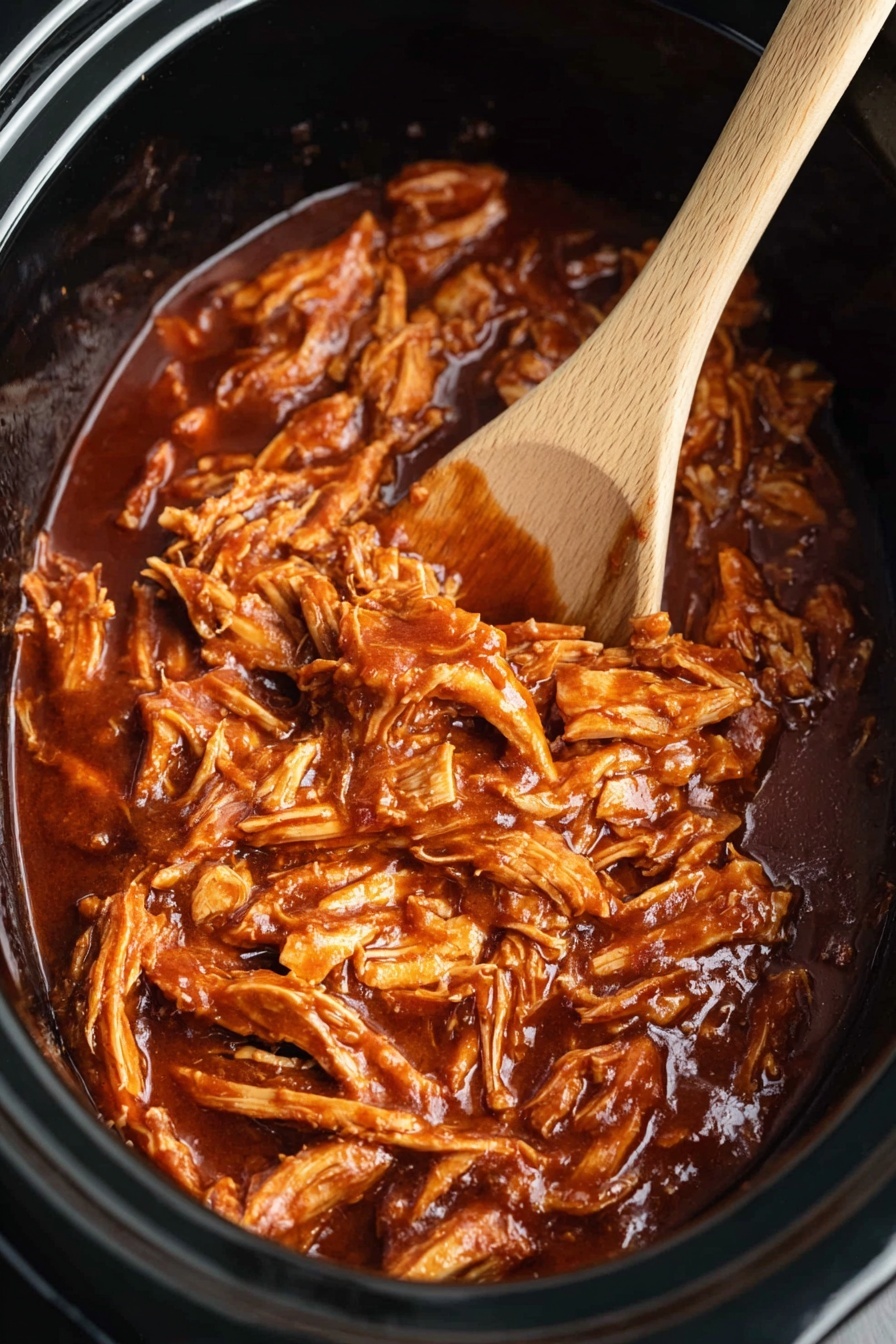 The image shows a close-up of shredded chicken mixed with thick, dark reddish-brown barbecue sauce inside a black slow cooker. The chicken pieces vary in size and are well-coated with the shiny sauce that has a smooth texture. A light wooden spoon is partially dipped in the mixture, stirring the chicken on the right side of the slow cooker. The background is a white marbled surface. photo taken with an iphone --ar 2:3 --v 7
