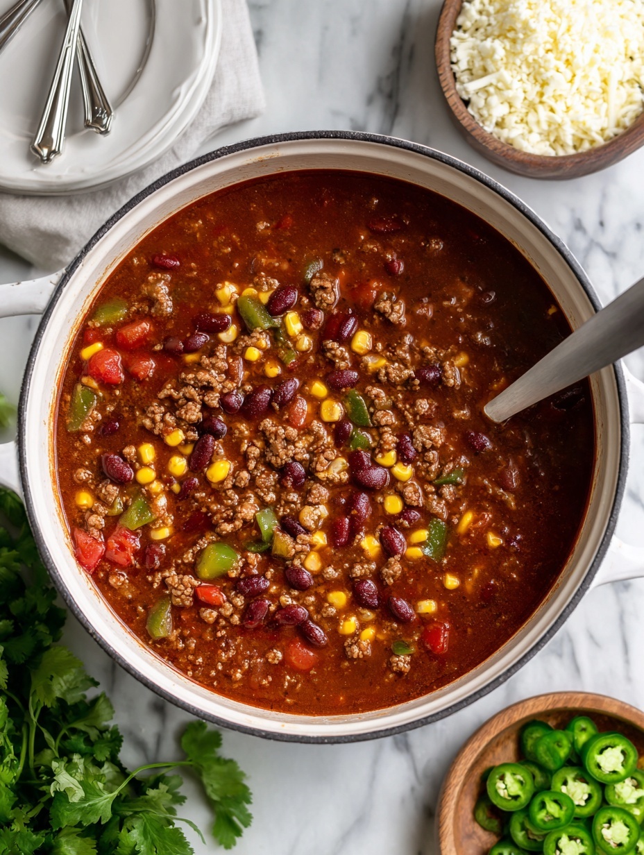 A white bowl filled with vibrant chili, showing layers of red tomato sauce, black and kidney beans, yellow corn, and brown minced meat. On top, there are scattered golden yellow corn chips, bright green chunks of avocado, a dollop of white sour cream, some shredded orange cheese sprinkled over, and fresh green cilantro leaves adding a pop of color. The bowl rests on a white marbled surface with a soft white cloth nearby. photo taken with an iphone --ar 2:3 --v 7