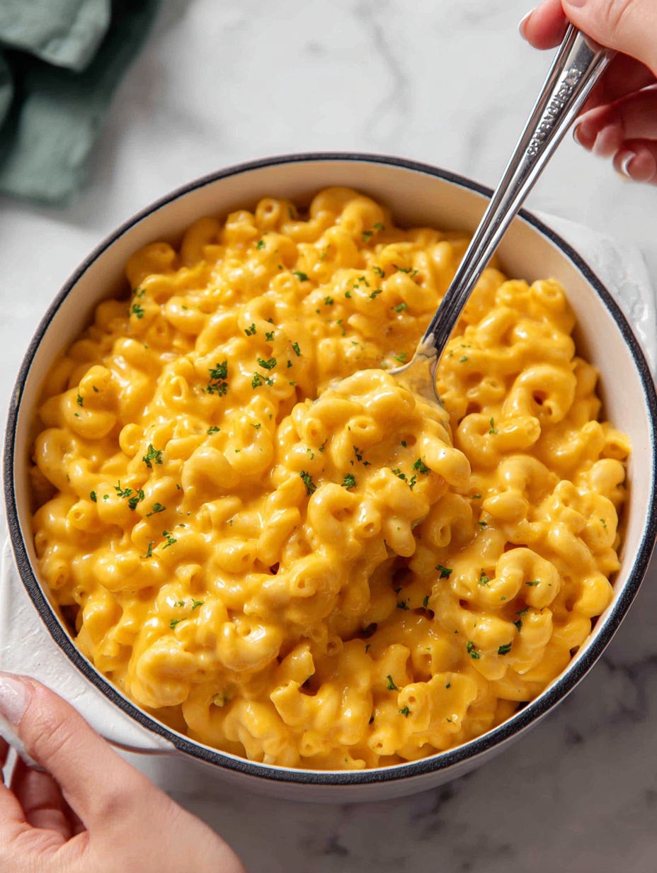 A close-up view of a white bowl filled with creamy, bright orange macaroni and cheese. The macaroni pasta is small and curved with a smooth, shiny cheese sauce coating each piece. Small bits of green herbs are sprinkled evenly over the top, adding a touch of color contrast. A silver spoon is scooping up some of the macaroni, held by a woman's hand, positioned at the right edge of the image. The background is softly blurred with a white marbled surface visible underneath the bowl. photo taken with an iphone --ar 2:3 --v 7