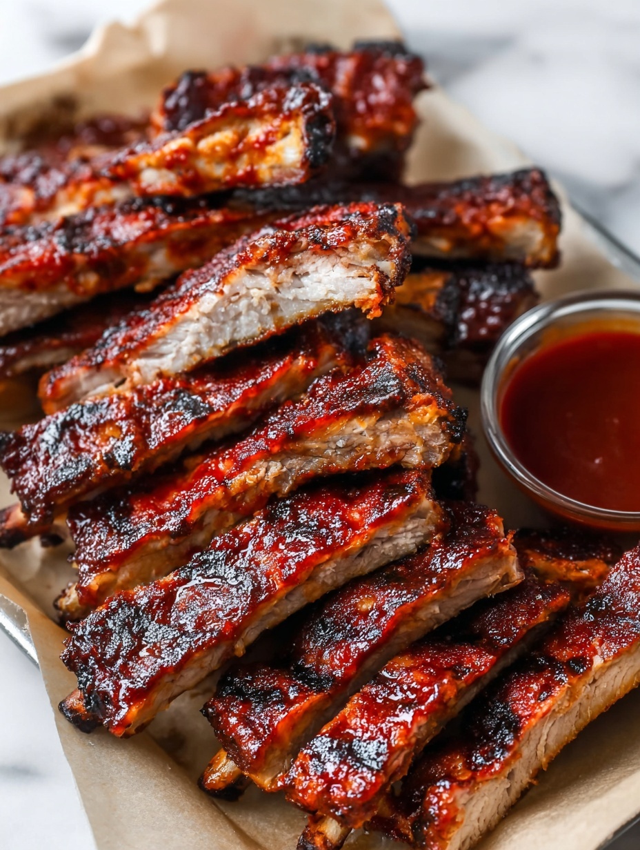 The image shows a tray filled with several pieces of grilled ribs that are rich dark brown with some black grill marks, giving them a slightly charred look. The ribs have a shiny, sticky texture from the barbecue sauce coating, making them look moist and flavorful. Alongside the ribs, there is a small clear glass container filled with thick reddish-brown barbecue sauce. The tray is lined with crumpled white parchment paper, and the whole setup is placed on a white marbled surface. photo taken with an iphone --ar 2:3 --v 7