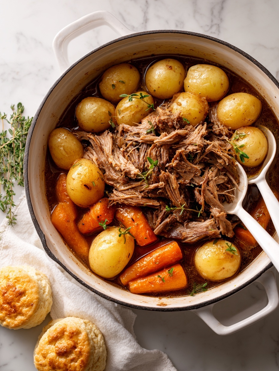 A large blue cast iron pot sits on a white marbled surface with visible wood grain around it, filled with a stew of shredded brown meat in the center, surrounded by golden-brown whole baby potatoes, and vibrant orange carrot pieces. Two cream-colored spoons rest inside, one in the middle and the other toward the right edge of the pot. Sprigs of fresh green thyme add a touch of fresh color on top of the vegetables. In the background, a white cloth napkin and some round biscuits are partially visible on the white marbled surface. photo taken with an iphone --ar 2:3 --v 7